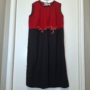 Studio Ease Linen Floral Blossom Tree Red Black Dress Vtg Size 22W